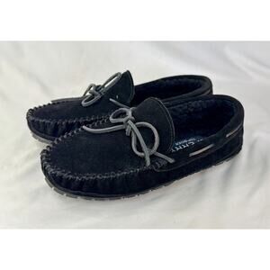Sperry Top Spider Trapper Moccasin suede faux fur slippers black NWOB size 7